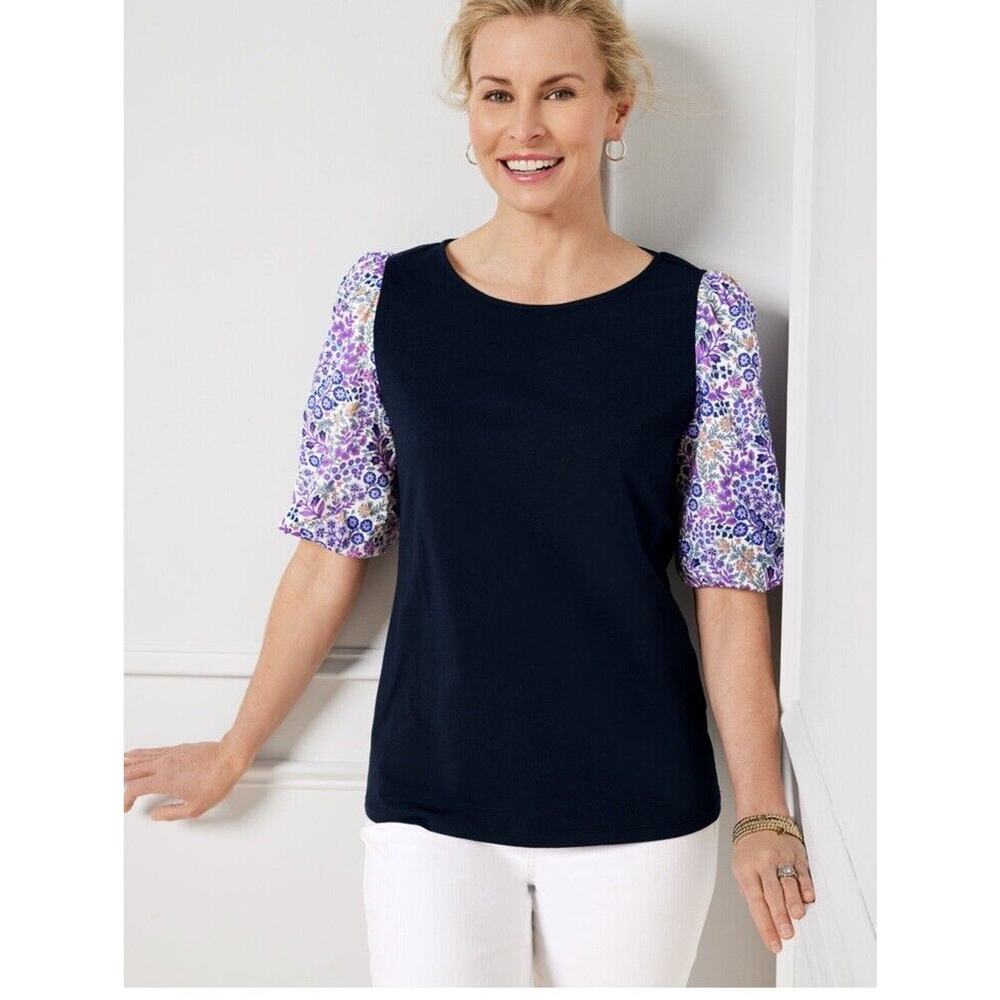 Talbots Woven Sleeve Crew neck Tee Ditsy Size Small Petite blouse top